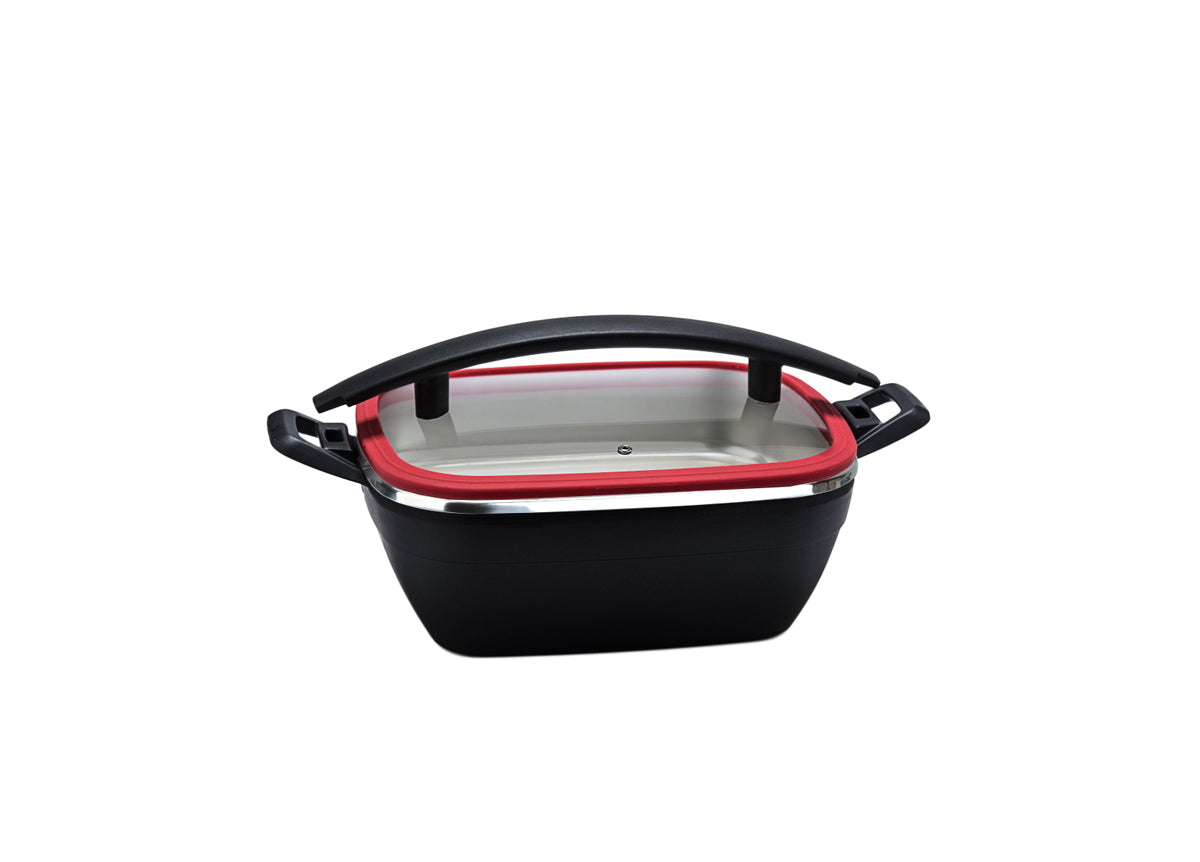 4.75 qt Rectangle Artisan Chafer with Black Handle and Food Pan - Red Trim - Pack of 1