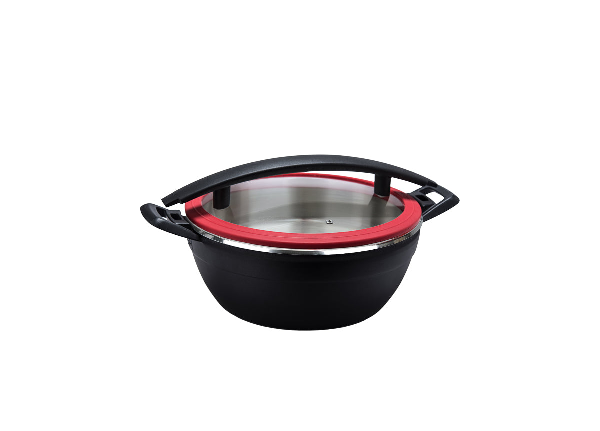 4.75 qt Round Artisan Chafer with Black Handle and Food Pan - Red Trim - Pack of 1