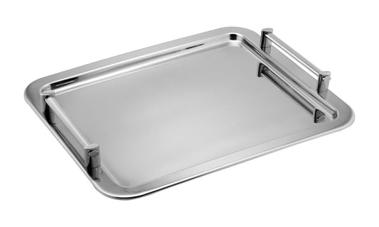 Stainless steel tray with handle on a white background